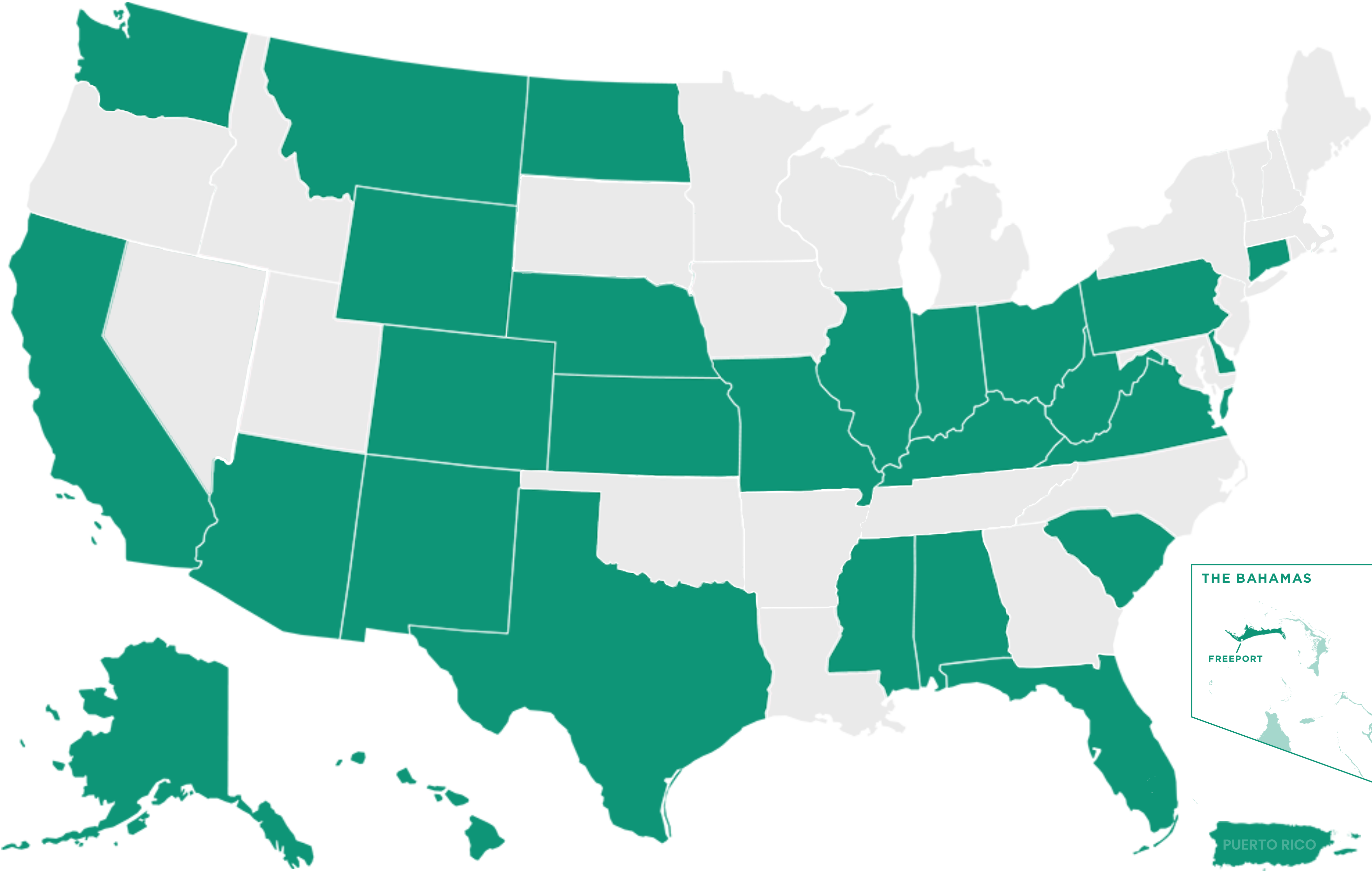 A map of the united states, highlighting the over 35 states which frey municipal software have software implemented.